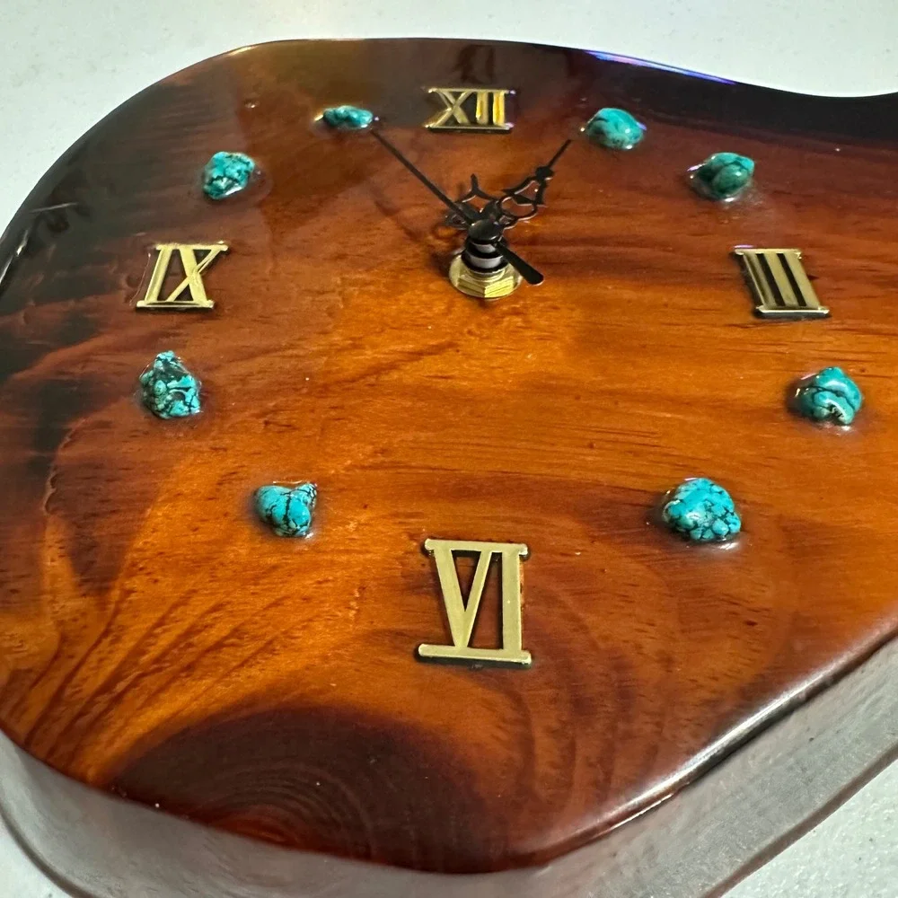 Handcrafted Guitar Turquoise Inlay Wood Wall Clock Western Rustic Decor Vintage